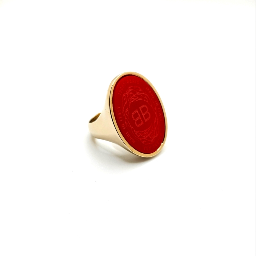 Balenciaga US 9 60 Gold Red Oval Chevaliere Ring Crest Seal Signet Coat Of Arms